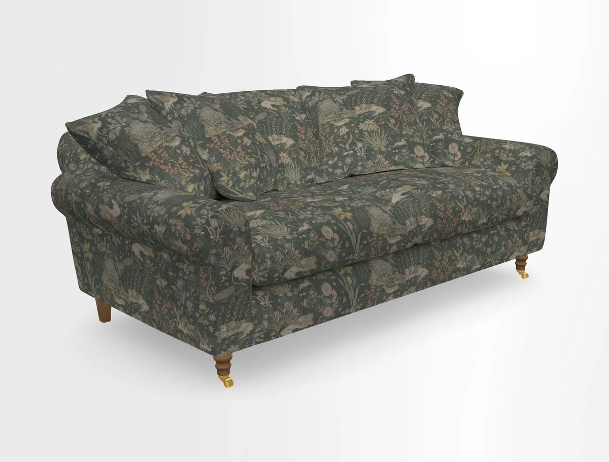Walberswick 3 Seater Sofa in Etta's Bouquet Sunset Moss with scatters in Sussex Stripe Brick and Snape Chair in Almost Plain Velvet Spring