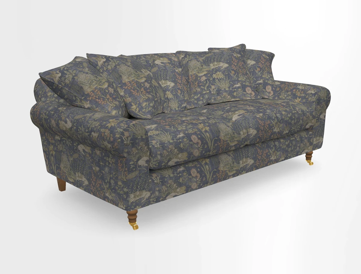 Walberswick 3 Seater Sofa in Etta's Bouquet Sunset Moss with scatters in Sussex Stripe Brick and Snape Chair in Almost Plain Velvet Spring
