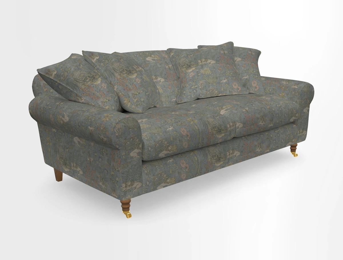 Walberswick 3 Seater Sofa in Etta's Bouquet Sunset Moss with scatters in Sussex Stripe Brick and Snape Chair in Almost Plain Velvet Spring