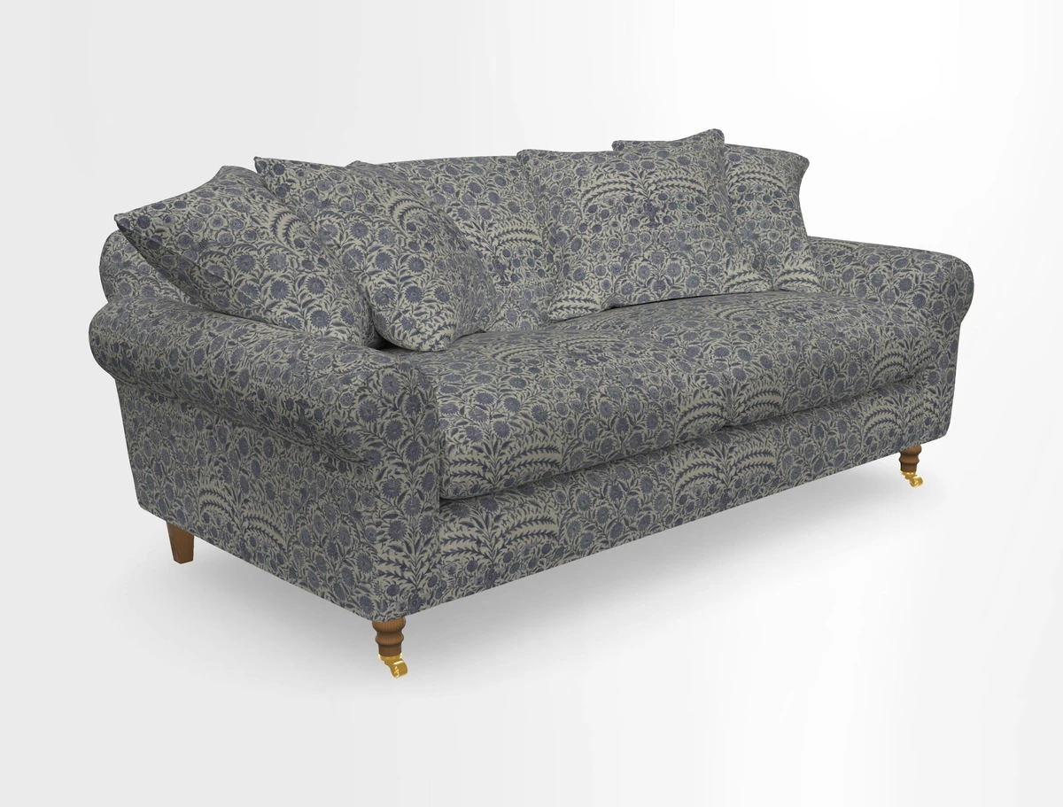 Walberswick 3 Seater Sofa in Etta's Bouquet Sunset Moss with scatters in Sussex Stripe Brick and Snape Chair in Almost Plain Velvet Spring