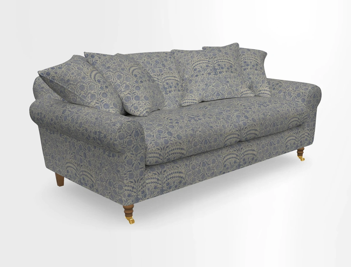 Walberswick 3 Seater Sofa in Etta's Bouquet Sunset Moss with scatters in Sussex Stripe Brick and Snape Chair in Almost Plain Velvet Spring