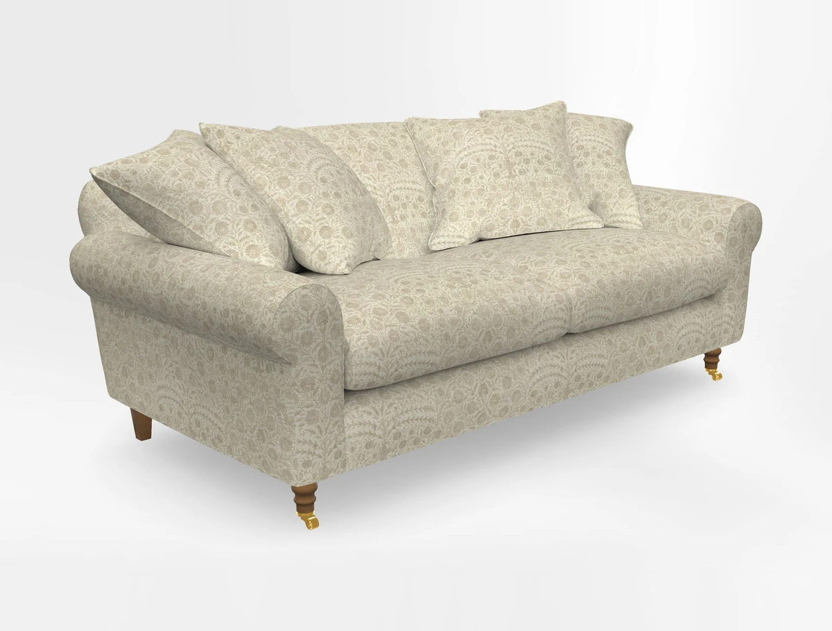 Walberswick 3 Seater Sofa in Etta's Bouquet Sunset Moss with scatters in Sussex Stripe Brick and Snape Chair in Almost Plain Velvet Spring