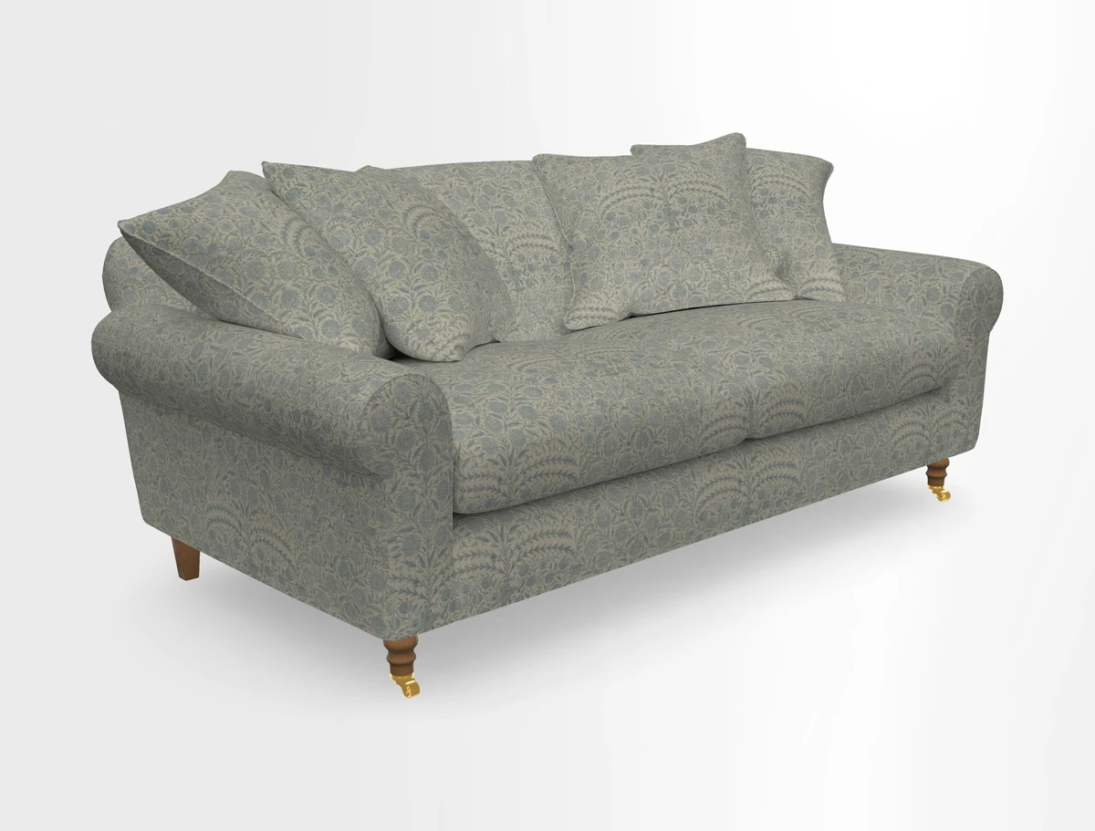 Walberswick 3 Seater Sofa in Etta's Bouquet Sunset Moss with scatters in Sussex Stripe Brick and Snape Chair in Almost Plain Velvet Spring
