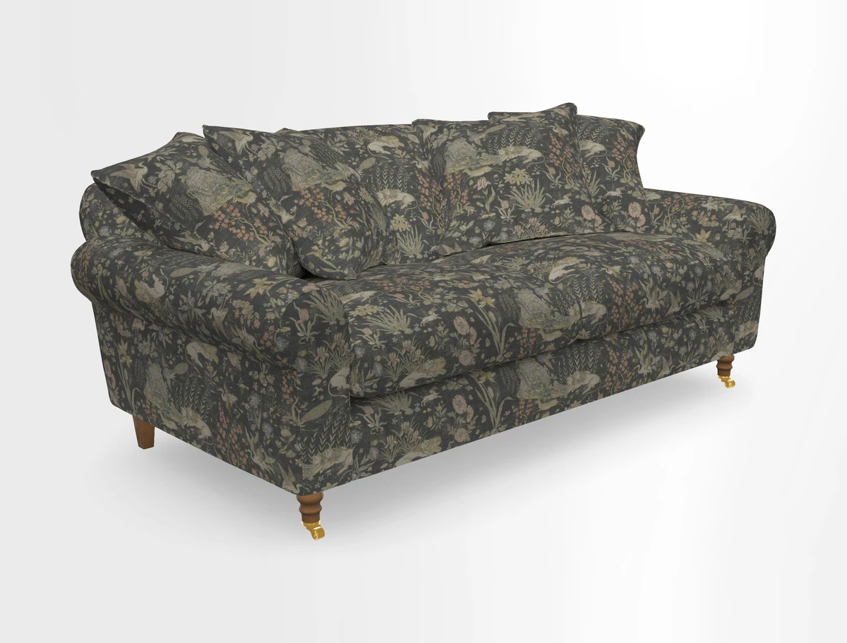 Walberswick 3 Seater Sofa in Etta's Bouquet Sunset Moss with scatters in Sussex Stripe Brick and Snape Chair in Almost Plain Velvet Spring