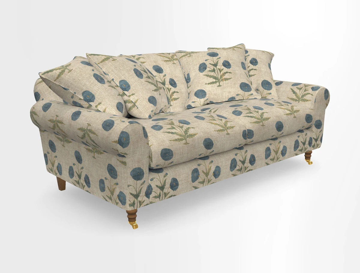Walberswick 3 Seater Sofa in Etta's Bouquet Sunset Moss with scatters in Sussex Stripe Brick and Snape Chair in Almost Plain Velvet Spring