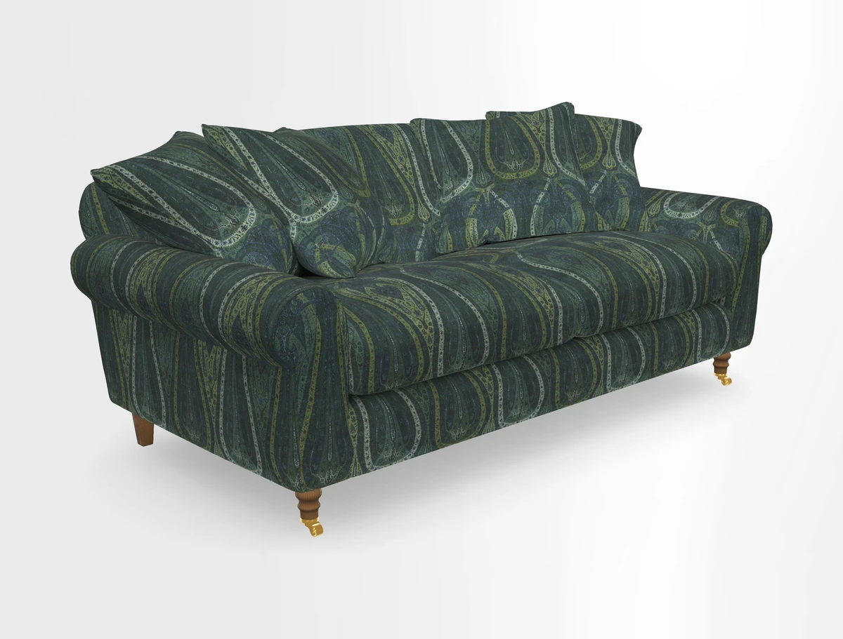 Walberswick 3 Seater Sofa in Etta's Bouquet Sunset Moss with scatters in Sussex Stripe Brick and Snape Chair in Almost Plain Velvet Spring