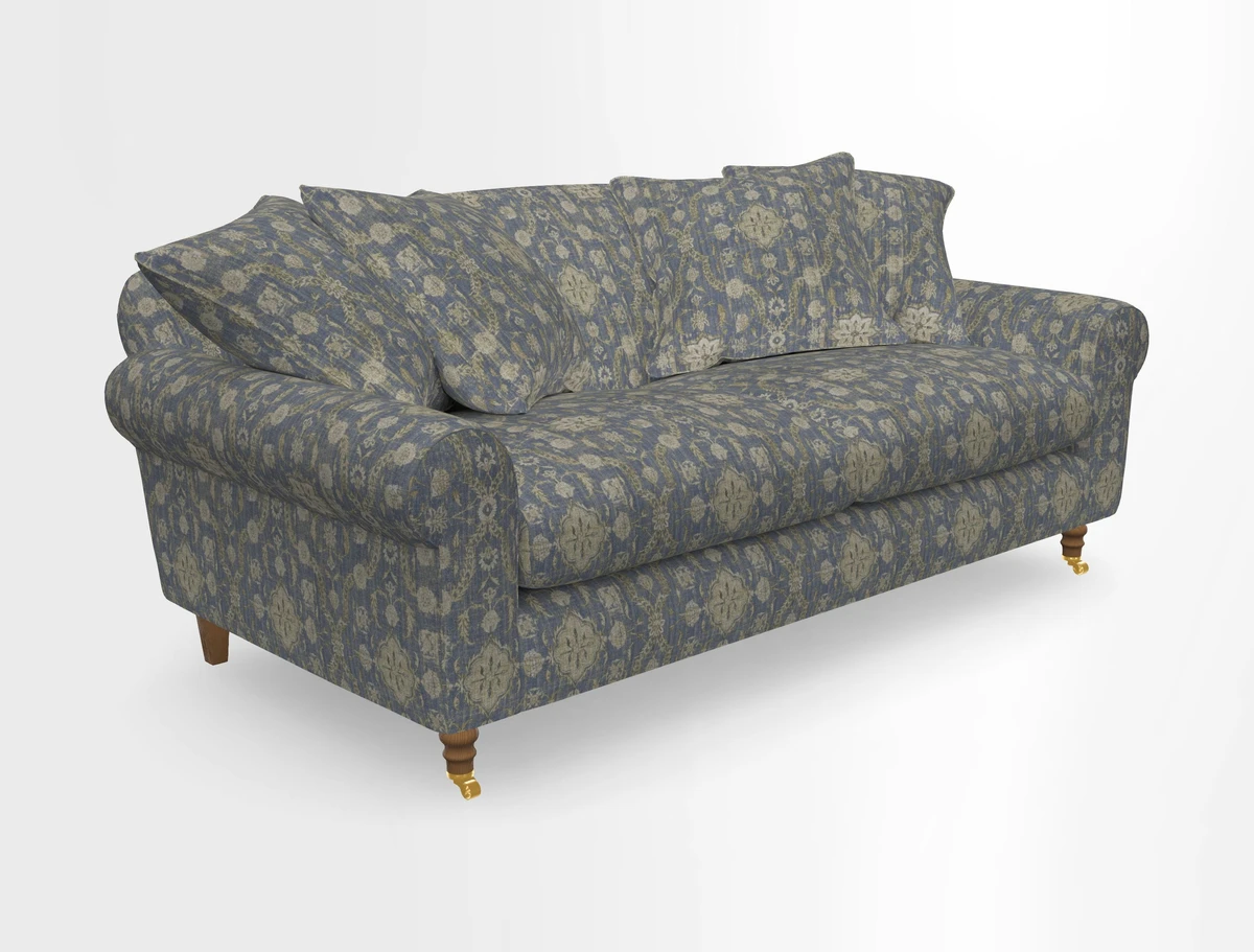 Walberswick 3 Seater Sofa in Etta's Bouquet Sunset Moss with scatters in Sussex Stripe Brick and Snape Chair in Almost Plain Velvet Spring