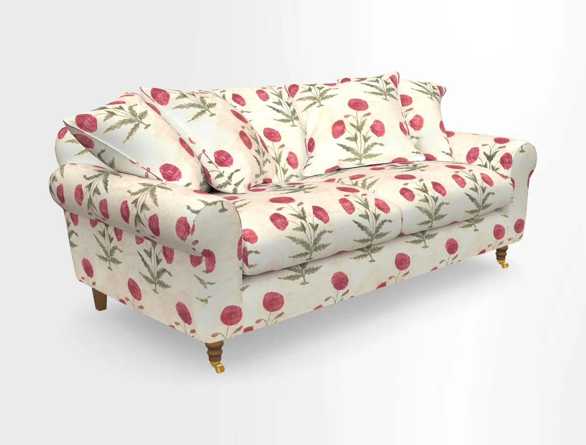 Walberswick 3 Seater Sofa in Etta's Bouquet Sunset Moss with scatters in Sussex Stripe Brick and Snape Chair in Almost Plain Velvet Spring