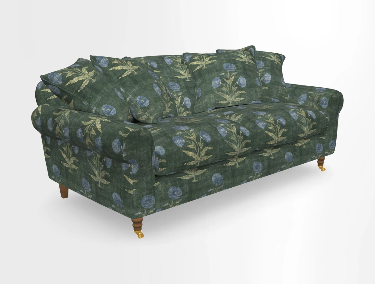 Walberswick 3 Seater Sofa in Etta's Bouquet Sunset Moss with scatters in Sussex Stripe Brick and Snape Chair in Almost Plain Velvet Spring