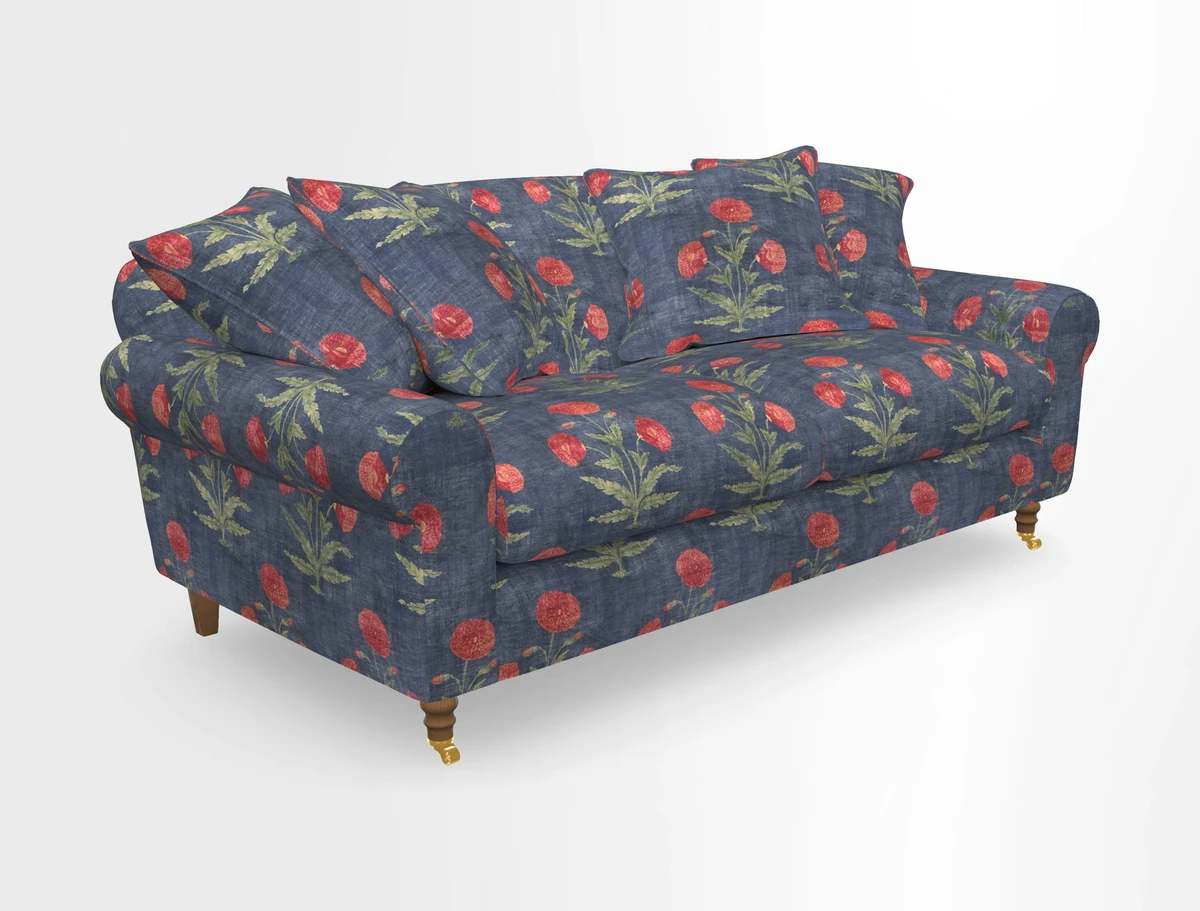 Walberswick 3 Seater Sofa in Etta's Bouquet Sunset Moss with scatters in Sussex Stripe Brick and Snape Chair in Almost Plain Velvet Spring