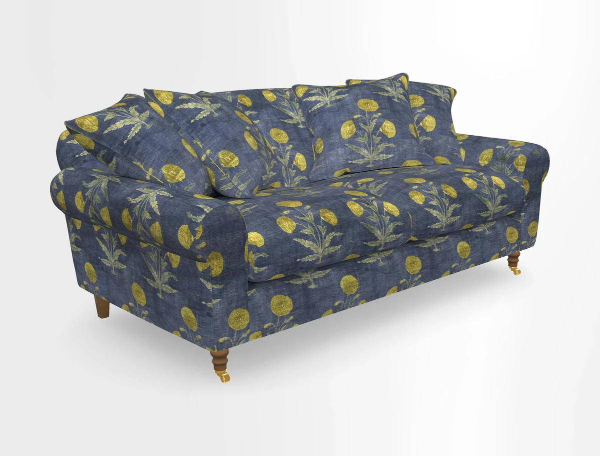 Walberswick 3 Seater Sofa in Etta's Bouquet Sunset Moss with scatters in Sussex Stripe Brick and Snape Chair in Almost Plain Velvet Spring