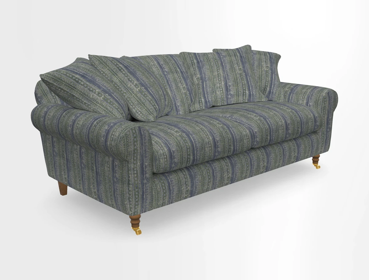 Walberswick 3 Seater Sofa in Etta's Bouquet Sunset Moss with scatters in Sussex Stripe Brick and Snape Chair in Almost Plain Velvet Spring