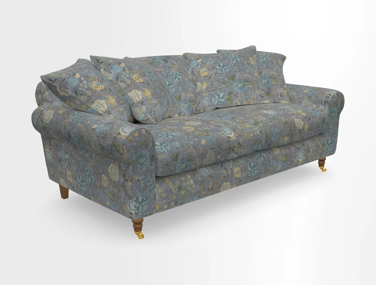 Walberswick 3 Seater Sofa in Etta's Bouquet Sunset Moss with scatters in Sussex Stripe Brick and Snape Chair in Almost Plain Velvet Spring