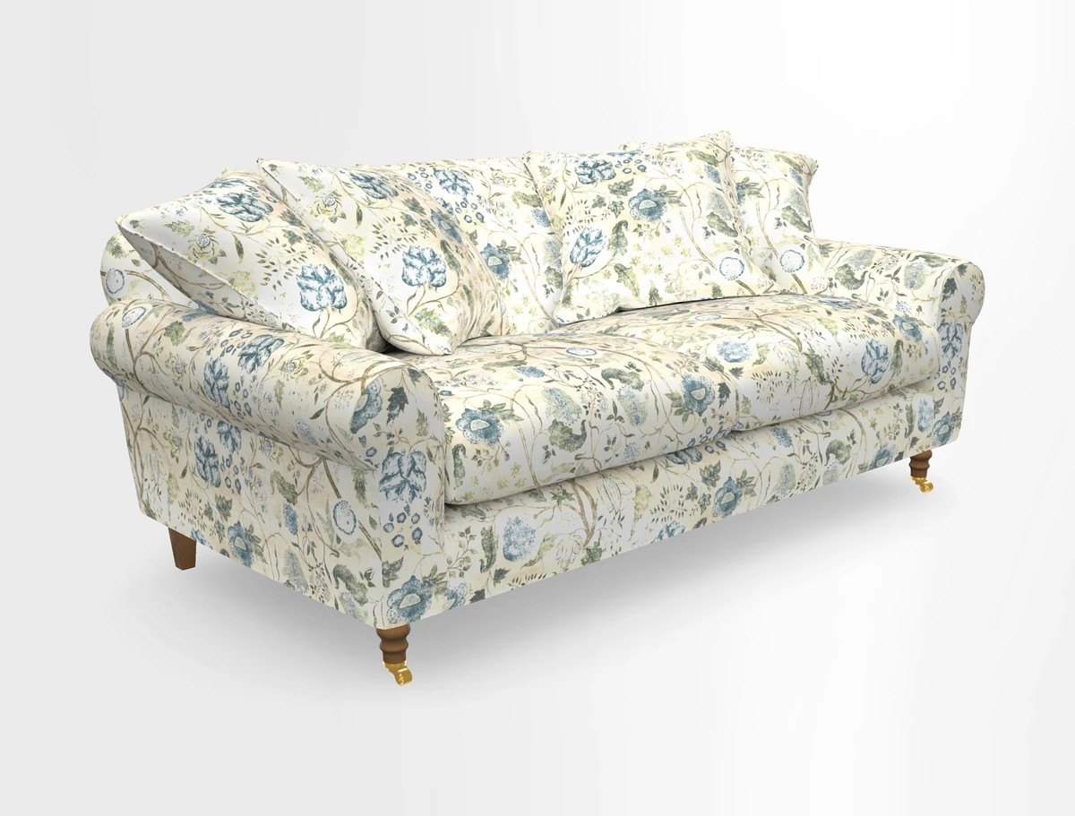 Walberswick 3 Seater Sofa in Etta's Bouquet Sunset Moss with scatters in Sussex Stripe Brick and Snape Chair in Almost Plain Velvet Spring