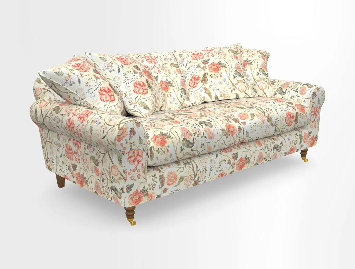 Walberswick 3 Seater Sofa in Etta's Bouquet Sunset Moss with scatters in Sussex Stripe Brick and Snape Chair in Almost Plain Velvet Spring
