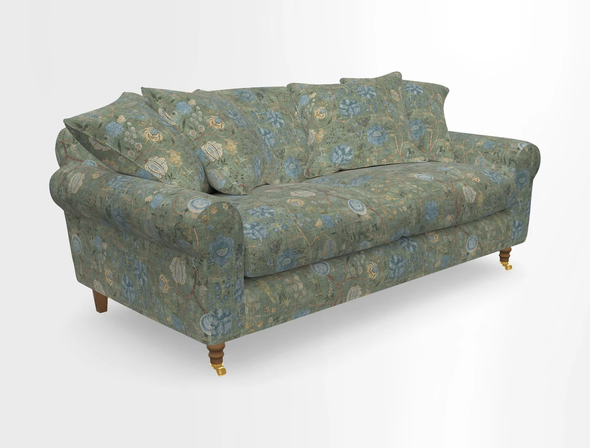 Walberswick 3 Seater Sofa in Etta's Bouquet Sunset Moss with scatters in Sussex Stripe Brick and Snape Chair in Almost Plain Velvet Spring