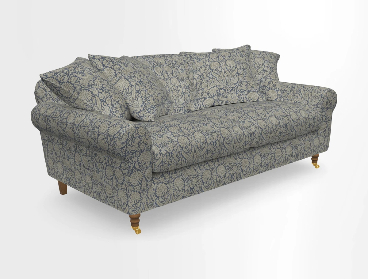 Walberswick 3 Seater Sofa in Etta's Bouquet Sunset Moss with scatters in Sussex Stripe Brick and Snape Chair in Almost Plain Velvet Spring