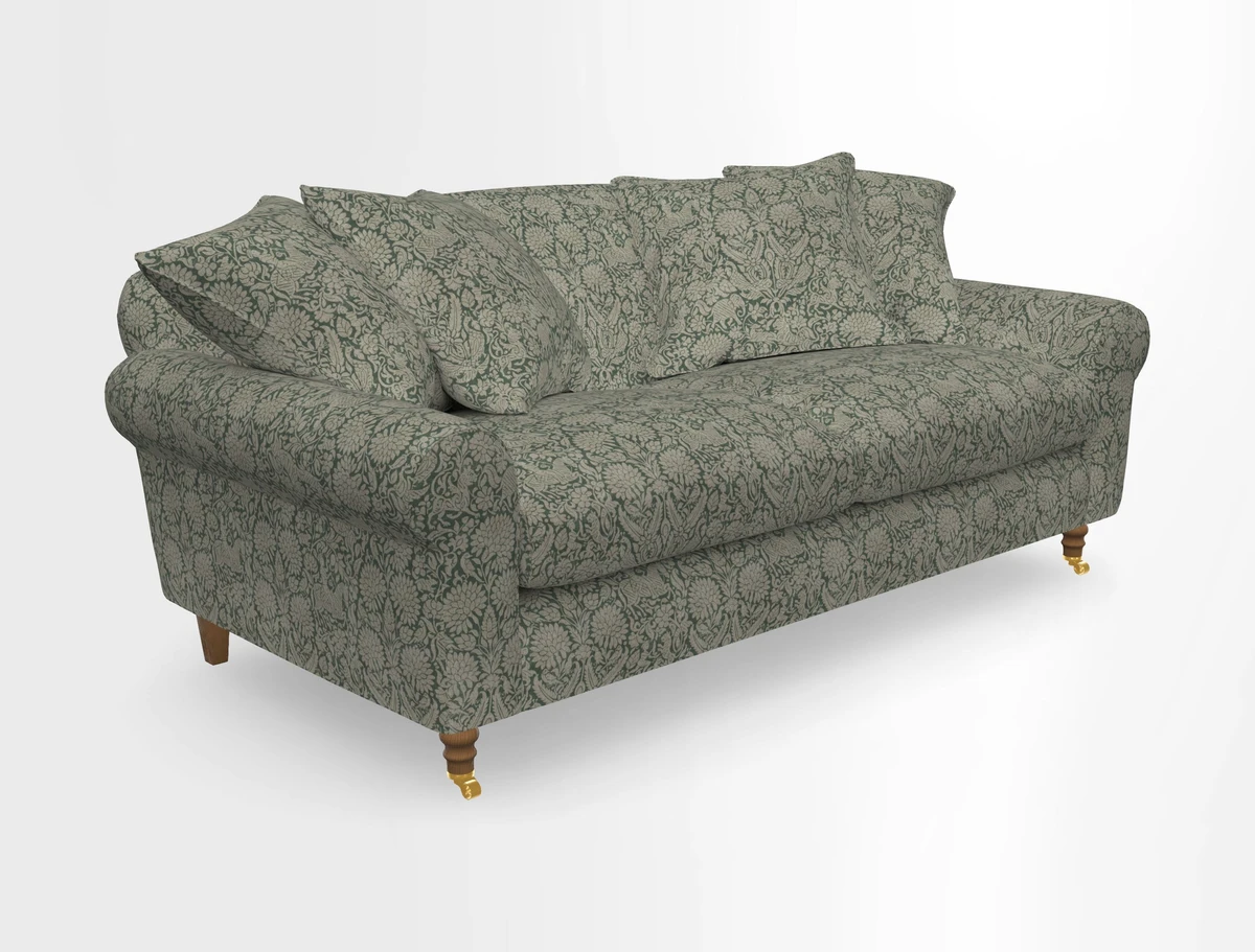 Walberswick 3 Seater Sofa in Etta's Bouquet Sunset Moss with scatters in Sussex Stripe Brick and Snape Chair in Almost Plain Velvet Spring