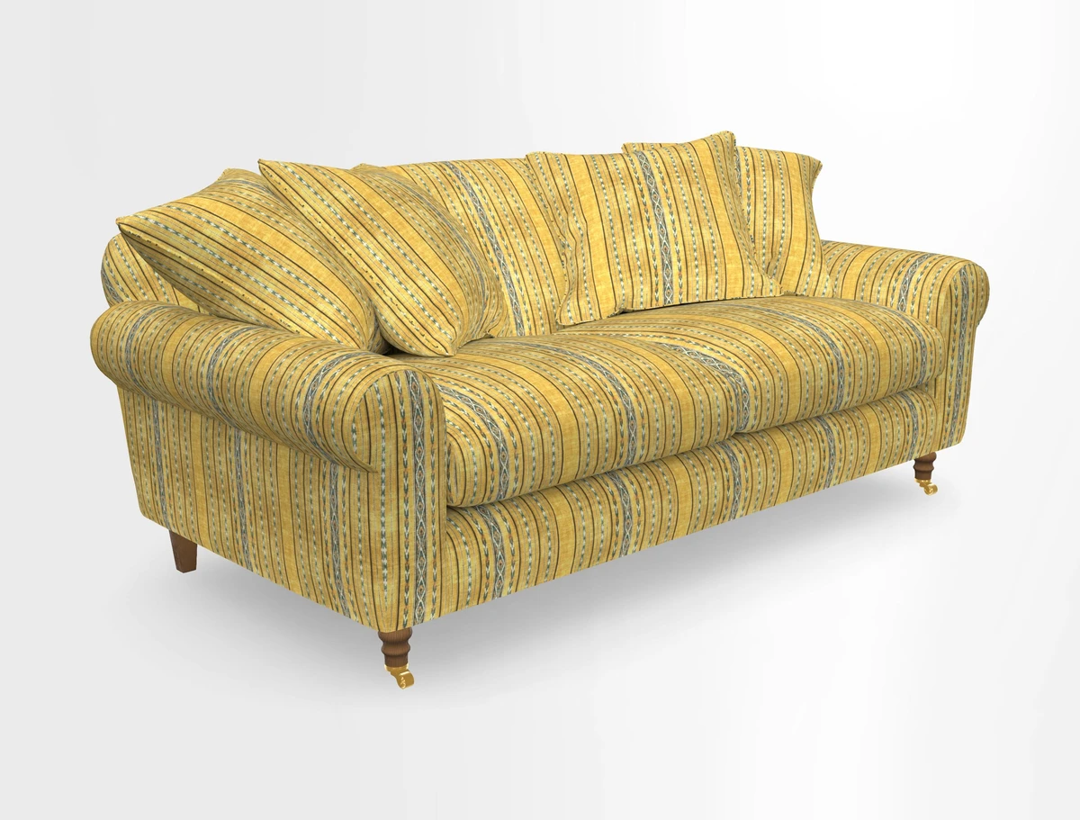 Walberswick 3 Seater Sofa in Etta's Bouquet Sunset Moss with scatters in Sussex Stripe Brick and Snape Chair in Almost Plain Velvet Spring