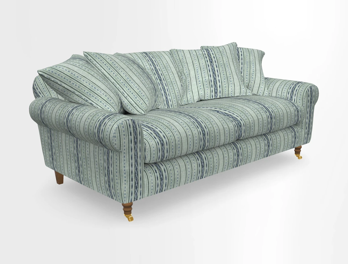 Walberswick 3 Seater Sofa in Etta's Bouquet Sunset Moss with scatters in Sussex Stripe Brick and Snape Chair in Almost Plain Velvet Spring