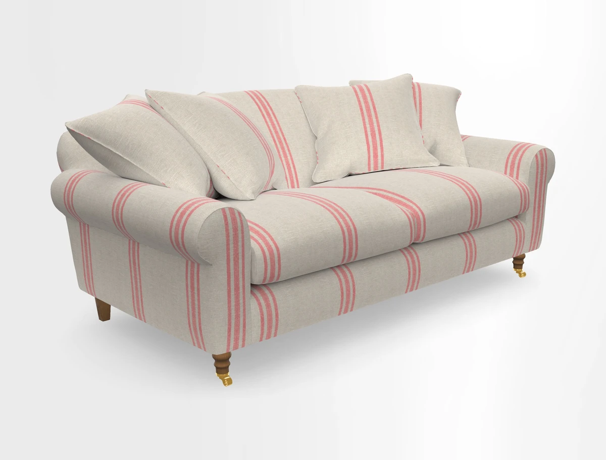 Walberswick 3 Seater Sofa in Etta's Bouquet Sunset Moss with scatters in Sussex Stripe Brick and Snape Chair in Almost Plain Velvet Spring