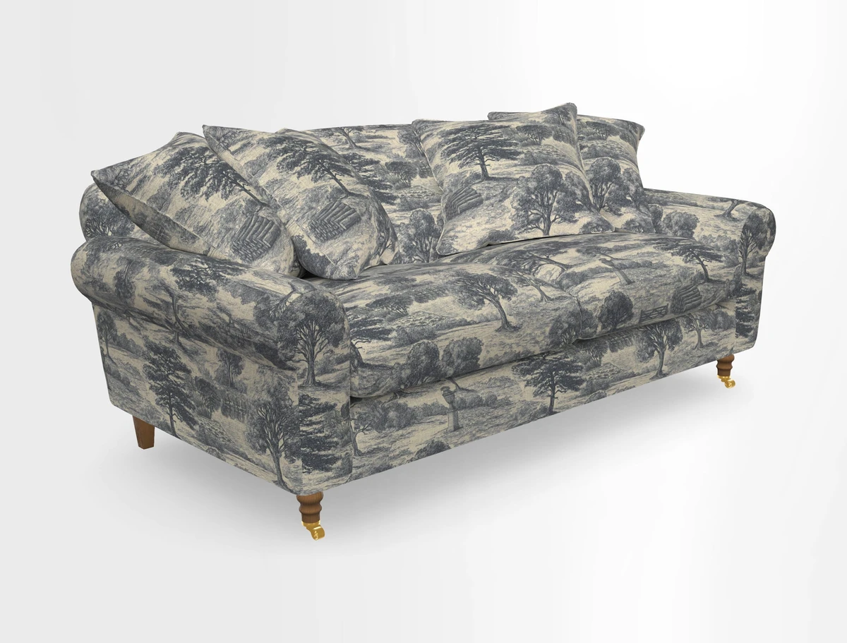 Walberswick 3 Seater Sofa in Etta's Bouquet Sunset Moss with scatters in Sussex Stripe Brick and Snape Chair in Almost Plain Velvet Spring