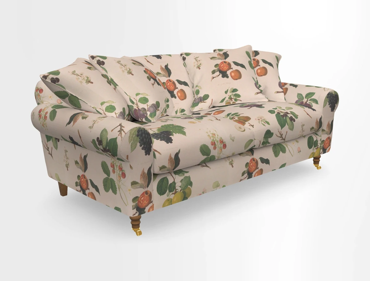Walberswick 3 Seater Sofa in Etta's Bouquet Sunset Moss with scatters in Sussex Stripe Brick and Snape Chair in Almost Plain Velvet Spring
