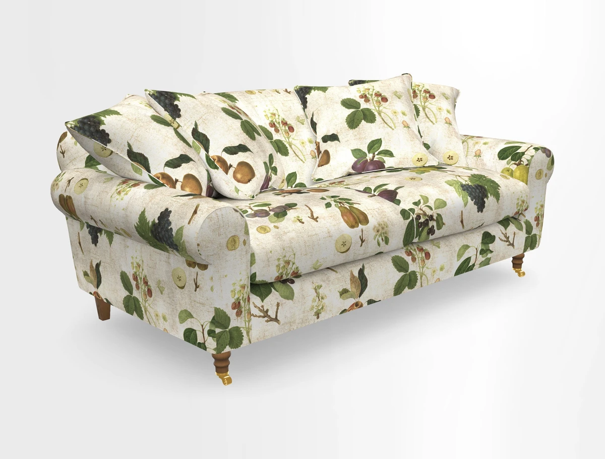 Walberswick 3 Seater Sofa in Etta's Bouquet Sunset Moss with scatters in Sussex Stripe Brick and Snape Chair in Almost Plain Velvet Spring