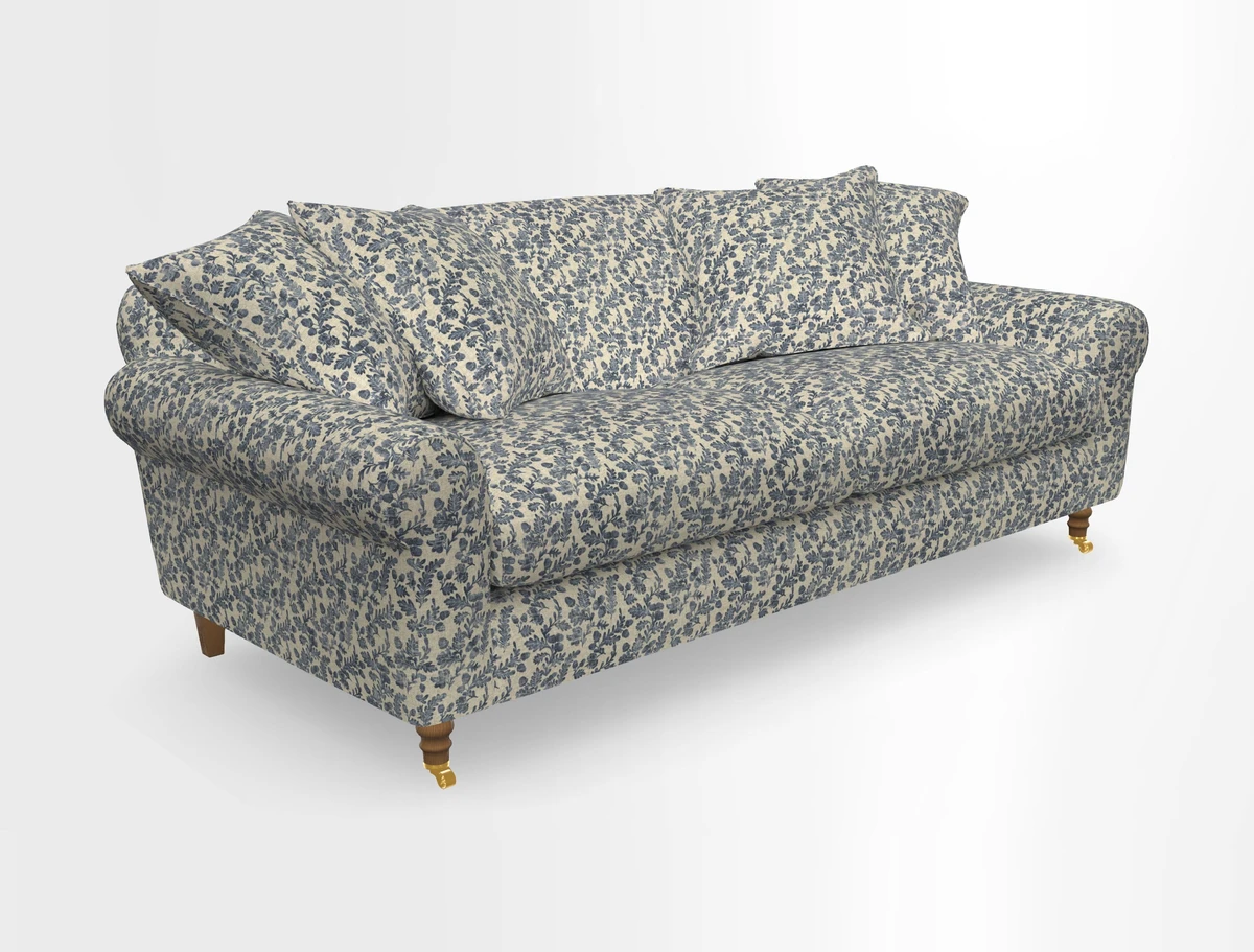 Walberswick 3 Seater Sofa in Etta's Bouquet Sunset Moss with scatters in Sussex Stripe Brick and Snape Chair in Almost Plain Velvet Spring