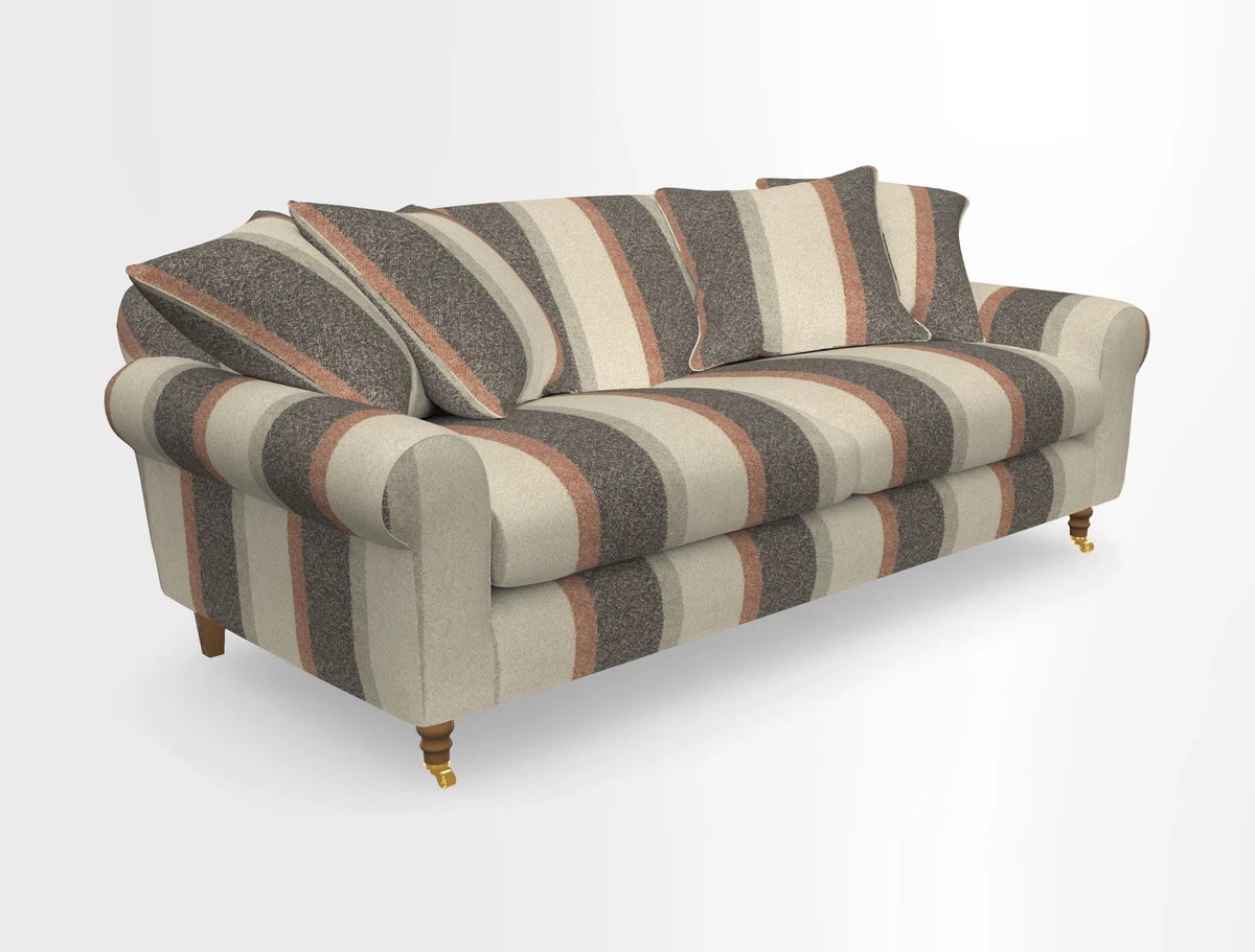 Walberswick 3 Seater Sofa in Etta's Bouquet Sunset Moss with scatters in Sussex Stripe Brick and Snape Chair in Almost Plain Velvet Spring