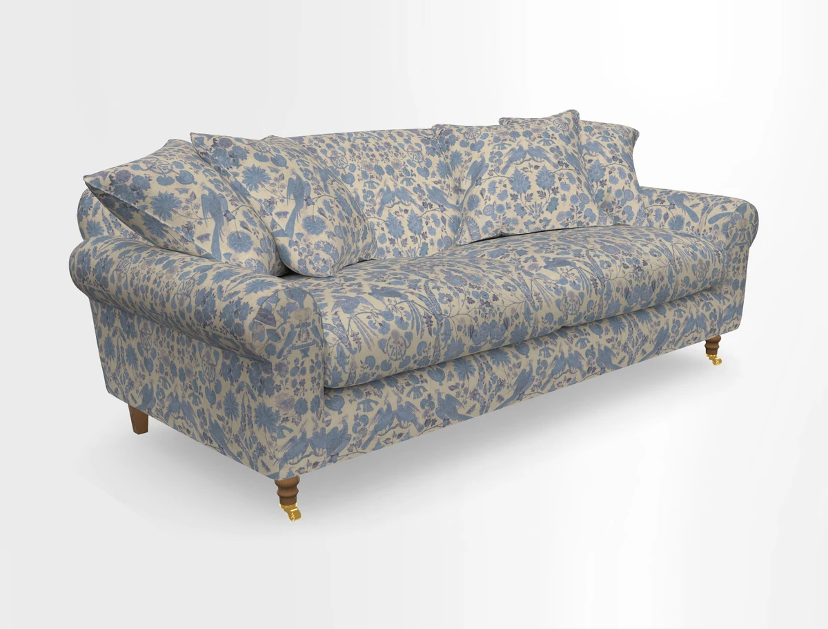 Walberswick 3 Seater Sofa in Etta's Bouquet Sunset Moss with scatters in Sussex Stripe Brick and Snape Chair in Almost Plain Velvet Spring