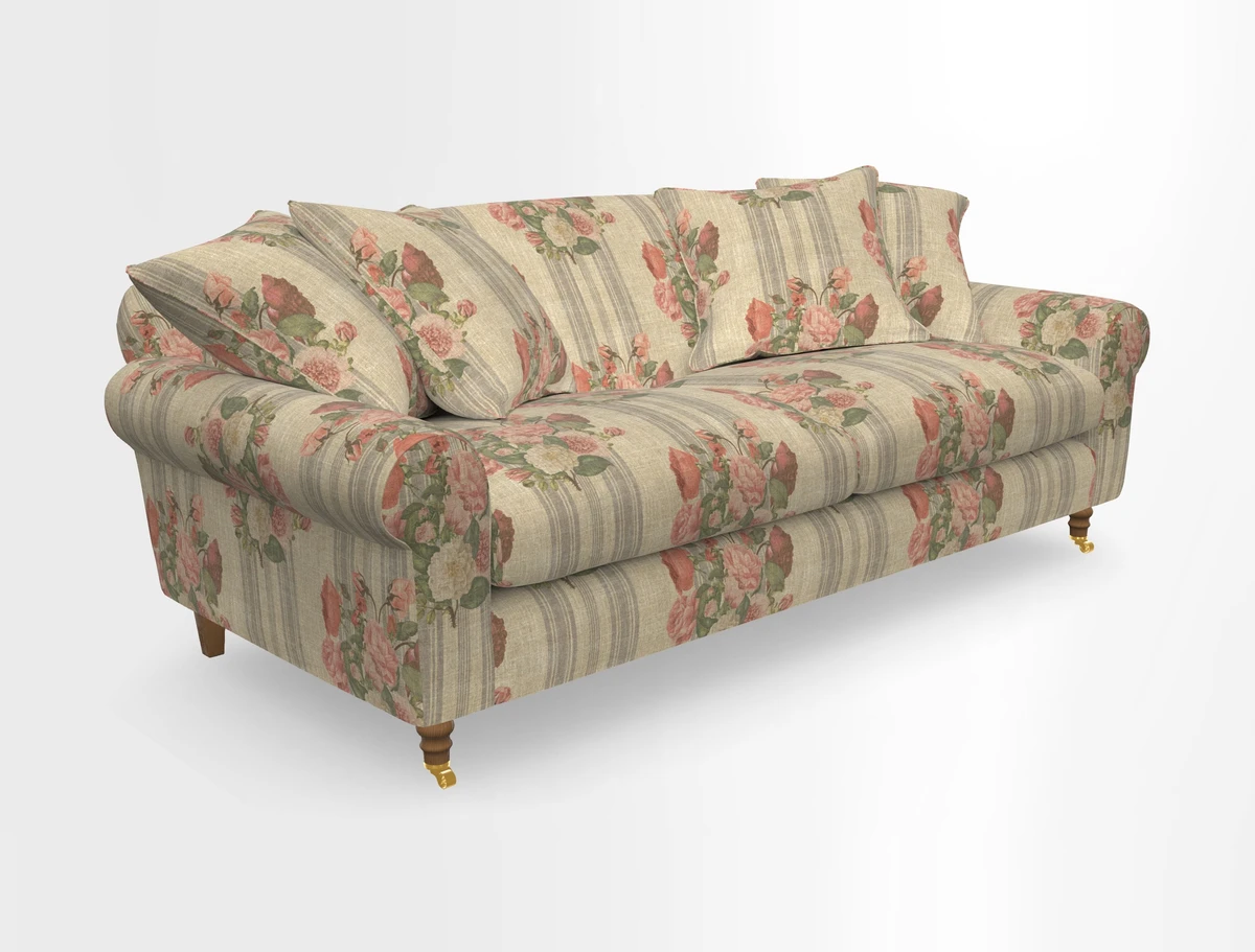 Walberswick 3 Seater Sofa in Etta's Bouquet Sunset Moss with scatters in Sussex Stripe Brick and Snape Chair in Almost Plain Velvet Spring