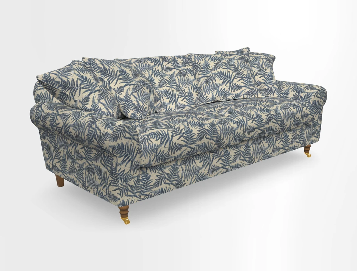 Walberswick 3 Seater Sofa in Etta's Bouquet Sunset Moss with scatters in Sussex Stripe Brick and Snape Chair in Almost Plain Velvet Spring