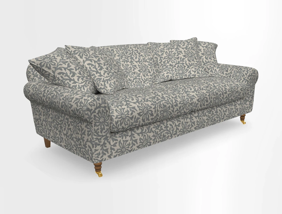 Walberswick 3 Seater Sofa in Etta's Bouquet Sunset Moss with scatters in Sussex Stripe Brick and Snape Chair in Almost Plain Velvet Spring