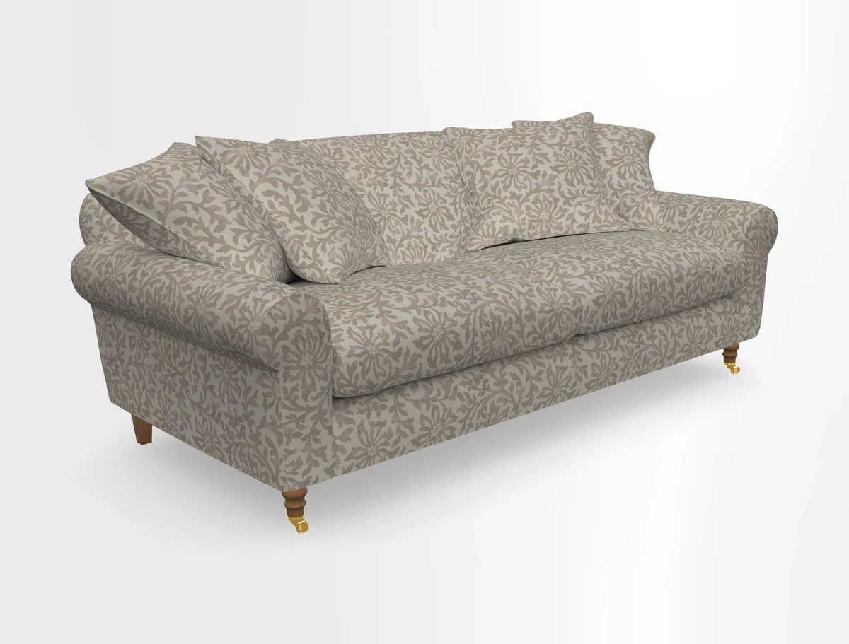 Walberswick 3 Seater Sofa in Etta's Bouquet Sunset Moss with scatters in Sussex Stripe Brick and Snape Chair in Almost Plain Velvet Spring
