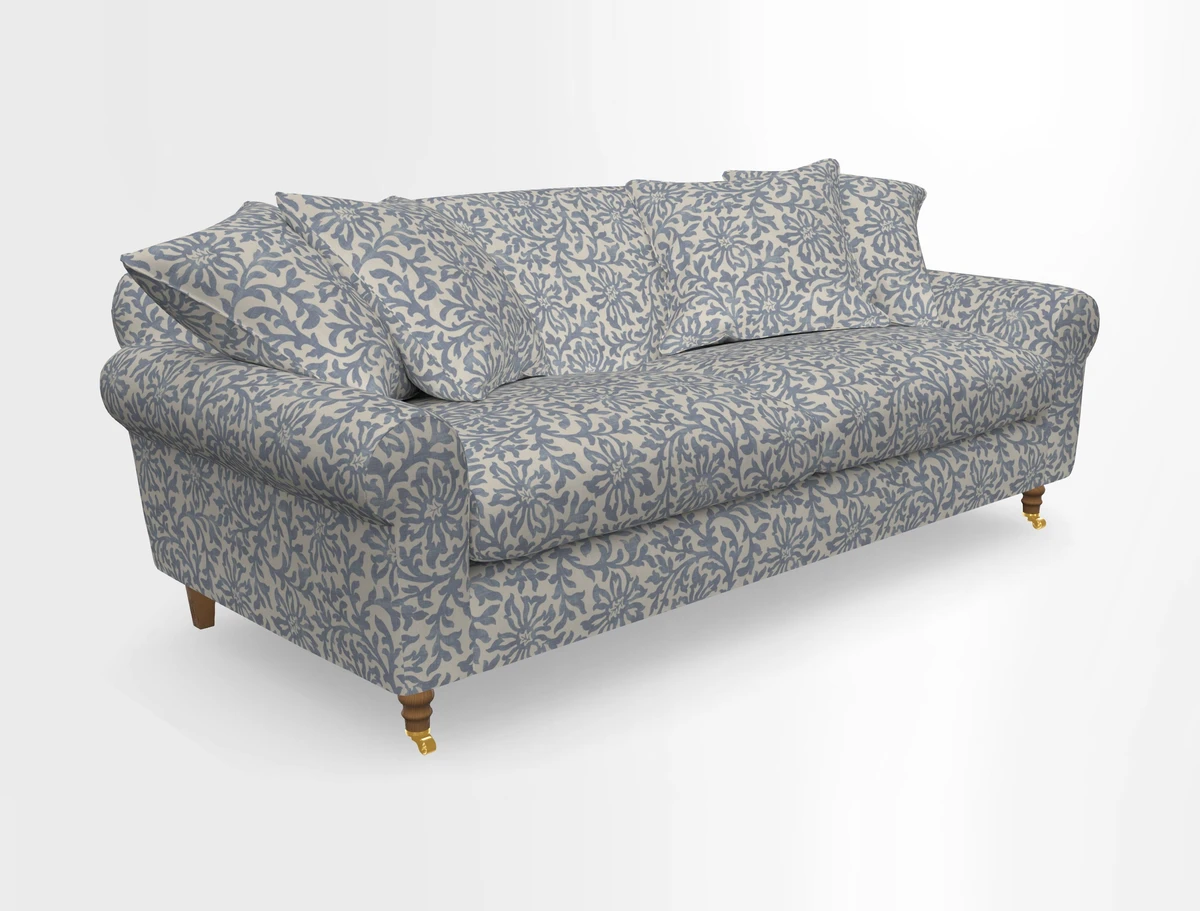 Walberswick 3 Seater Sofa in Etta's Bouquet Sunset Moss with scatters in Sussex Stripe Brick and Snape Chair in Almost Plain Velvet Spring
