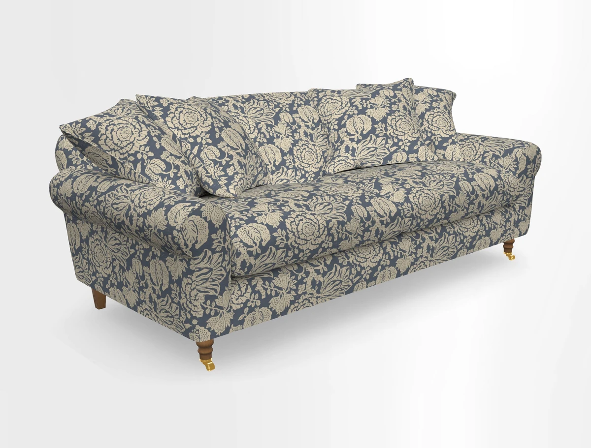 Walberswick 3 Seater Sofa in Etta's Bouquet Sunset Moss with scatters in Sussex Stripe Brick and Snape Chair in Almost Plain Velvet Spring