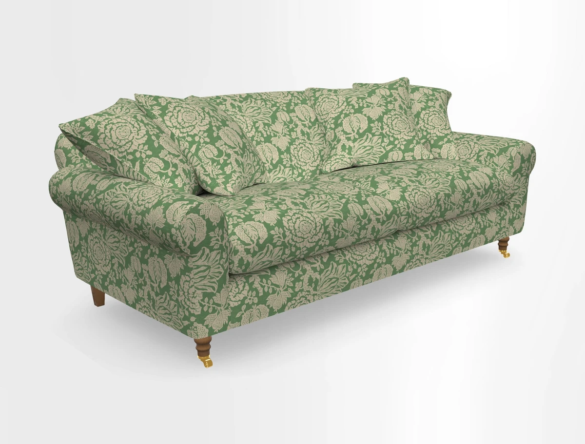 Walberswick 3 Seater Sofa in Etta's Bouquet Sunset Moss with scatters in Sussex Stripe Brick and Snape Chair in Almost Plain Velvet Spring