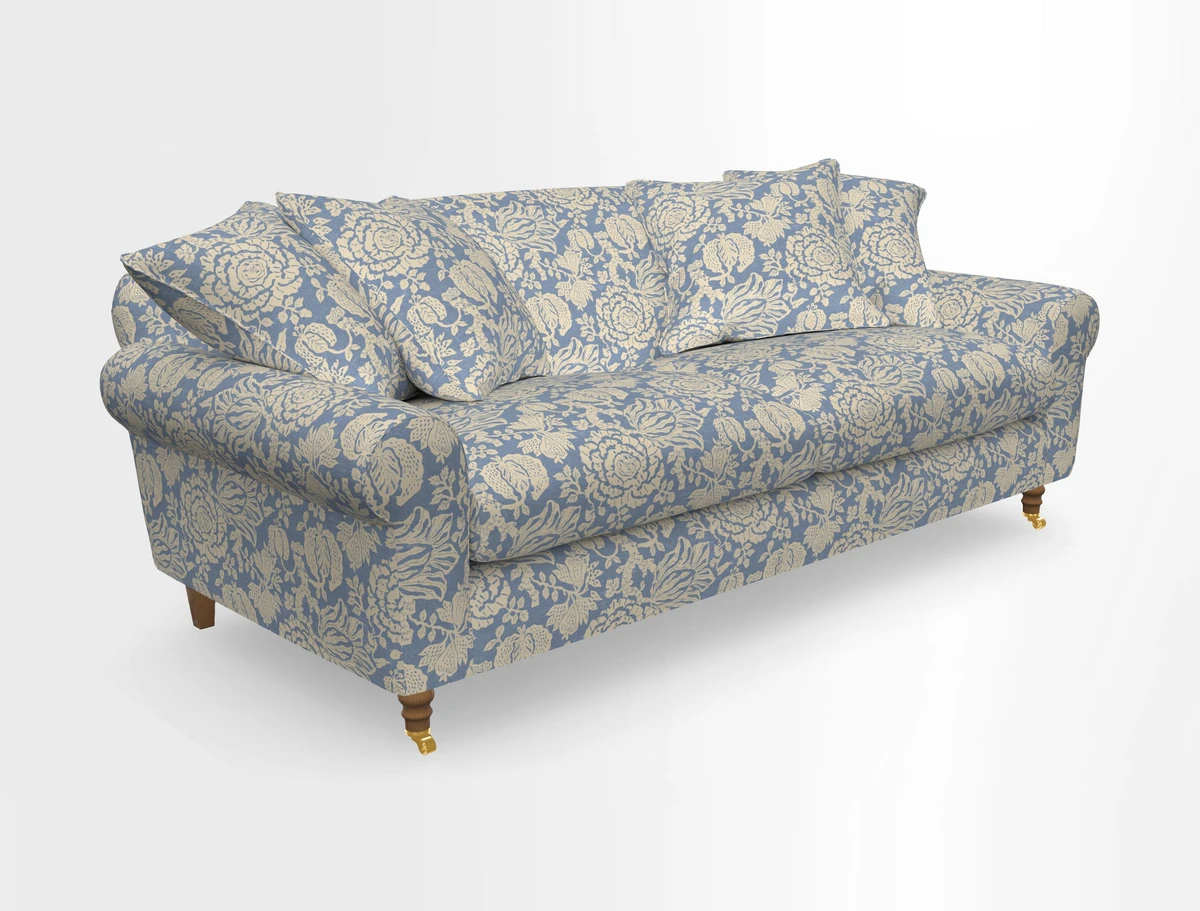 Walberswick 3 Seater Sofa in Etta's Bouquet Sunset Moss with scatters in Sussex Stripe Brick and Snape Chair in Almost Plain Velvet Spring