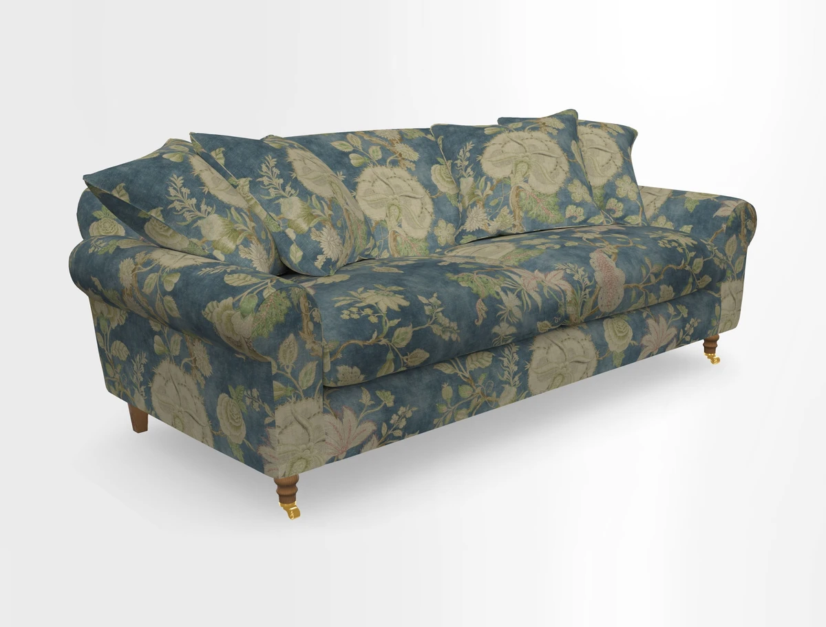 Walberswick 3 Seater Sofa in Etta's Bouquet Sunset Moss with scatters in Sussex Stripe Brick and Snape Chair in Almost Plain Velvet Spring