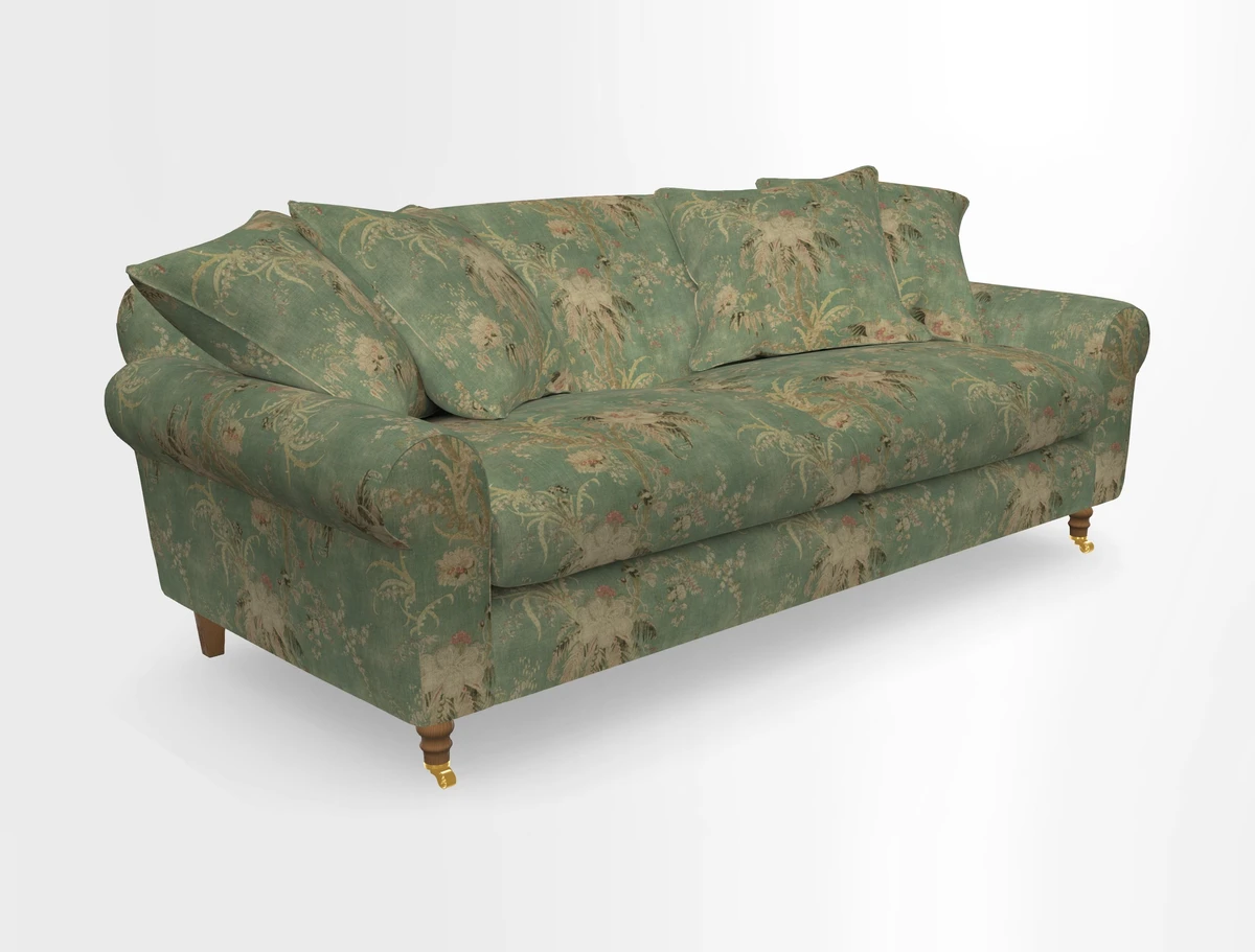 Walberswick 3 Seater Sofa in Etta's Bouquet Sunset Moss with scatters in Sussex Stripe Brick and Snape Chair in Almost Plain Velvet Spring