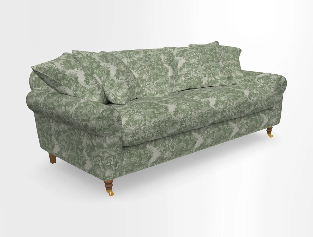 Walberswick 3 Seater Sofa in Etta's Bouquet Sunset Moss with scatters in Sussex Stripe Brick and Snape Chair in Almost Plain Velvet Spring