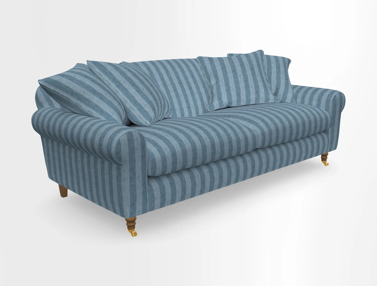 Walberswick 3 Seater Sofa in Etta's Bouquet Sunset Moss with scatters in Sussex Stripe Brick and Snape Chair in Almost Plain Velvet Spring