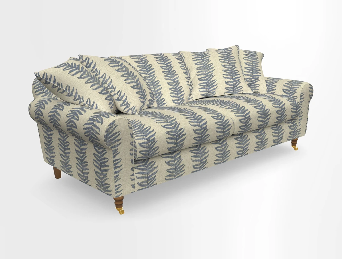 Walberswick 3 Seater Sofa in Etta's Bouquet Sunset Moss with scatters in Sussex Stripe Brick and Snape Chair in Almost Plain Velvet Spring