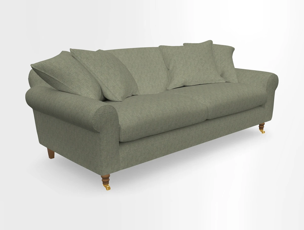 Walberswick 3 Seater Sofa in Etta's Bouquet Sunset Moss with scatters in Sussex Stripe Brick and Snape Chair in Almost Plain Velvet Spring