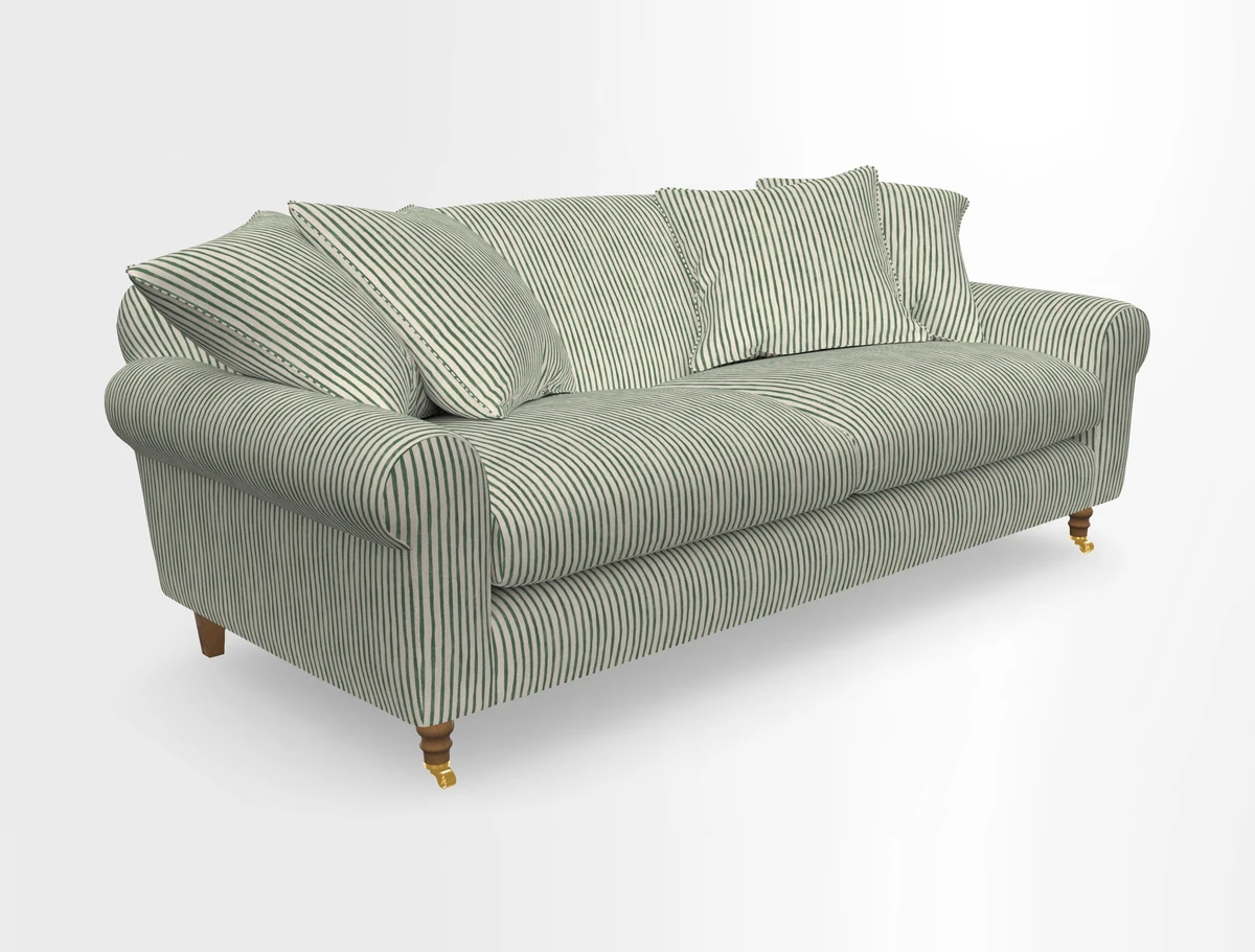 Walberswick 3 Seater Sofa in Etta's Bouquet Sunset Moss with scatters in Sussex Stripe Brick and Snape Chair in Almost Plain Velvet Spring