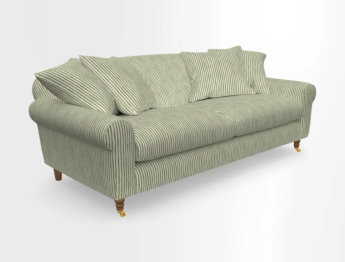 Walberswick 3 Seater Sofa in Etta's Bouquet Sunset Moss with scatters in Sussex Stripe Brick and Snape Chair in Almost Plain Velvet Spring