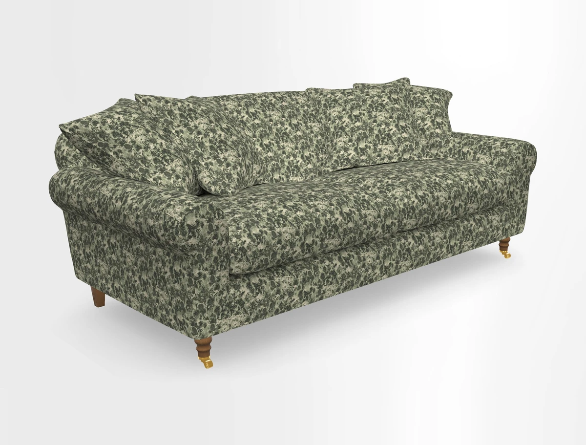 Walberswick 3 Seater Sofa in Etta's Bouquet Sunset Moss with scatters in Sussex Stripe Brick and Snape Chair in Almost Plain Velvet Spring