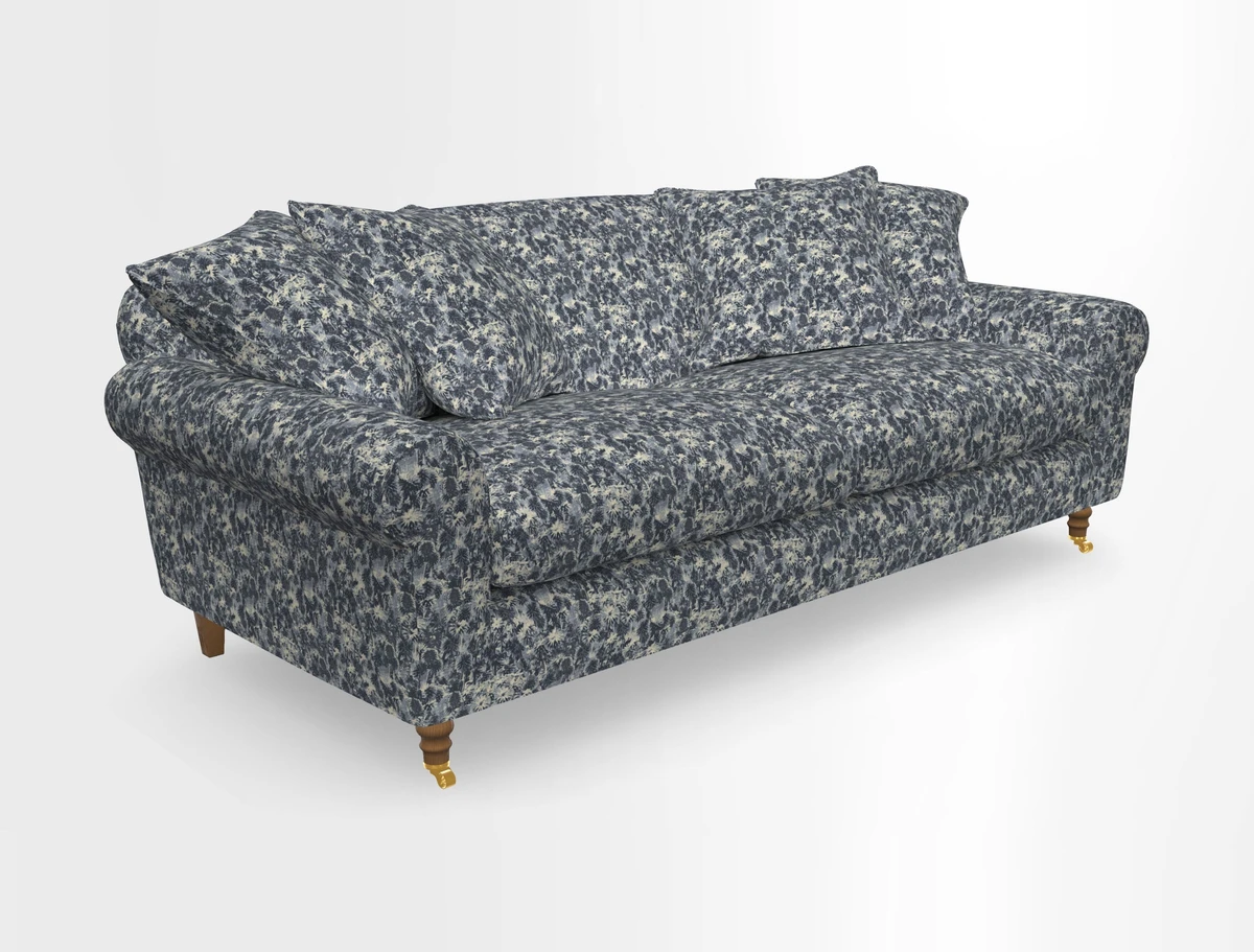 Walberswick 3 Seater Sofa in Etta's Bouquet Sunset Moss with scatters in Sussex Stripe Brick and Snape Chair in Almost Plain Velvet Spring