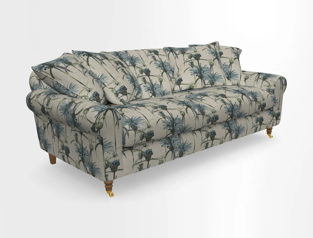 Walberswick 3 Seater Sofa in Etta's Bouquet Sunset Moss with scatters in Sussex Stripe Brick and Snape Chair in Almost Plain Velvet Spring